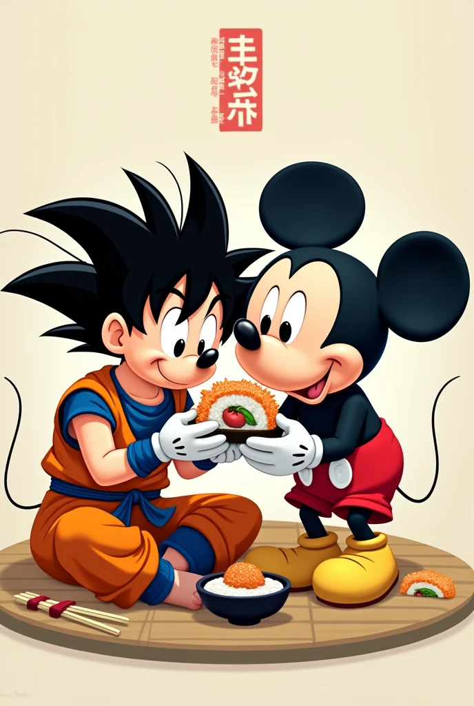 Goku and Mikey mouse eating sushi roll maki