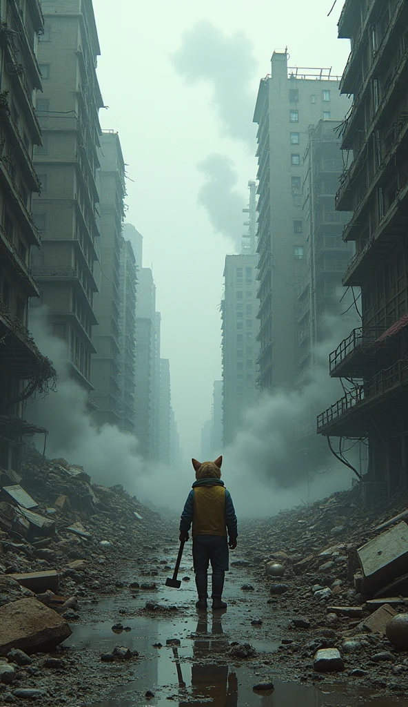 Scene 6: City in Ruins**
- 50% of the city is destroyed, with smoke rising, broken buildings, and debris scattered. The Catfarmer stands scared, watching the destruction, still near the hammer.