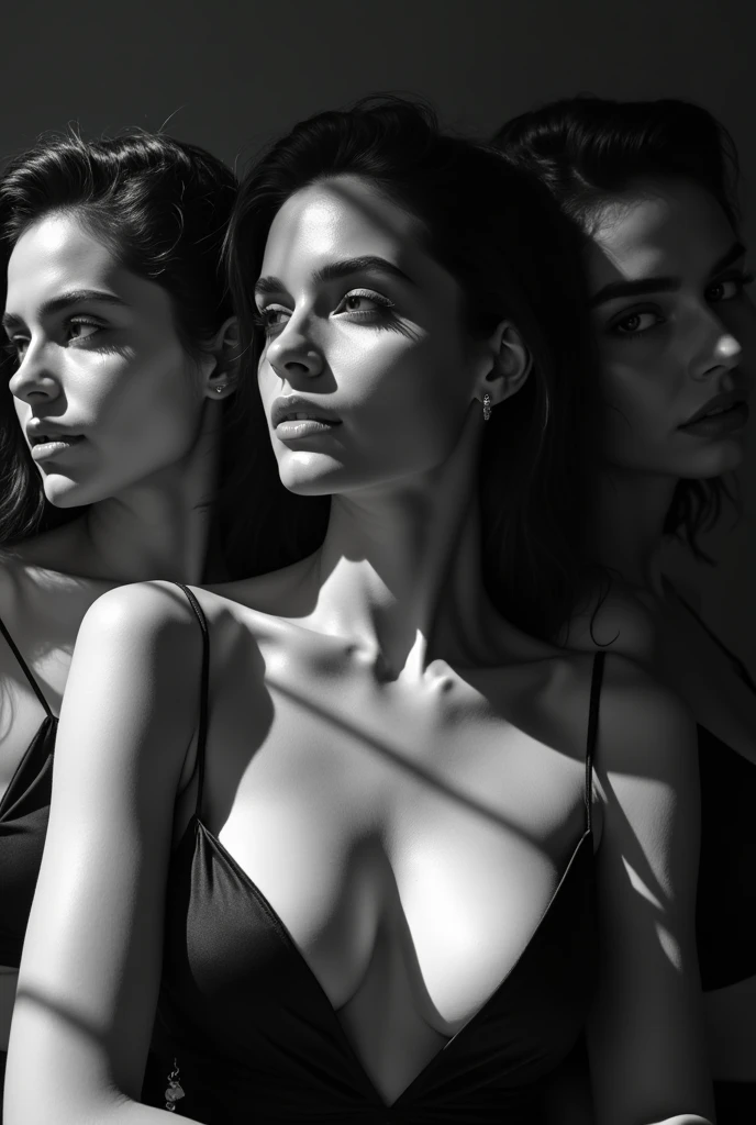 A black and white monochrome photography by Helmut Newton of an attractive, slender 3 woman who looks a lot like Penélope Cruz and has a beautiful cleavage.
- Dynamic lighting emphasizes natural beauty and expressiveness
- Focus on light, shadow, posture, anatomical details
- Symmetrical, hyper-realistic facial features, eyes emphasized
- Image composition according to the golden ratio and rule of thirds
- Clear subject design, silhouettes and shapes emphasized
- Rays of sunlight and shadows direct the viewer's gaze
- Shallow depth of field emphasizes the face
- Bright colors enhance visual appeal
- Ultra-realistic photo with hyper-realistic details