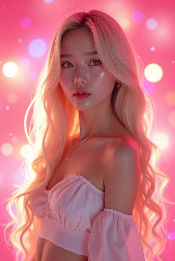 A blonde Korean girl, adol is kpop, pink back ground, long hair, super realistico, looks like rose from black pink
