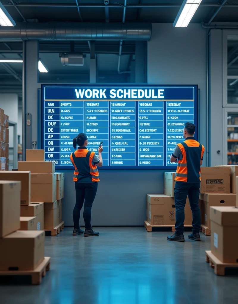 A professional and realistic image depicting a clear and organized work schedule at a fulfillment center. The scene shows a well-organized warehouse environment where employees are working efficiently according to a clearly defined schedule. A digital display or wall-mounted board in the background shows the shift timings, break periods, and task assignments, ensuring everyone knows their responsibilities. Workers are seen checking the schedule, coordinating with each other, and moving through their tasks in a timely manner. The atmosphere reflects order, efficiency, and the importance of maintaining a structured workday, emphasizing the company’s commitment to clear scheduling and time management.