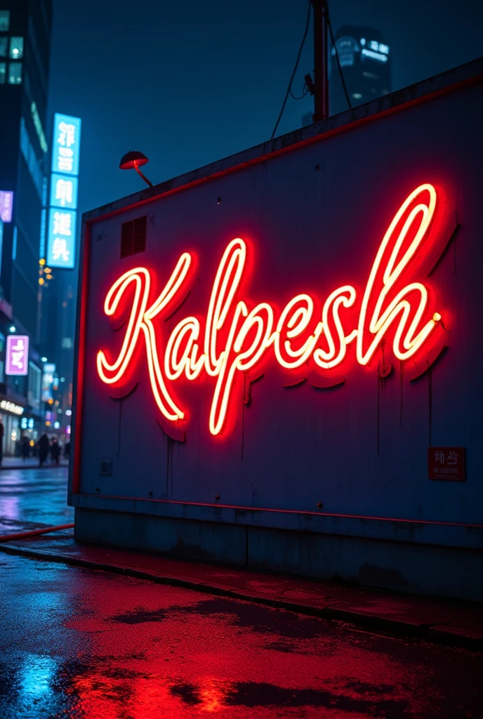 Kalpesh name calligraphy in unique way in neon light red and blue effect on building board