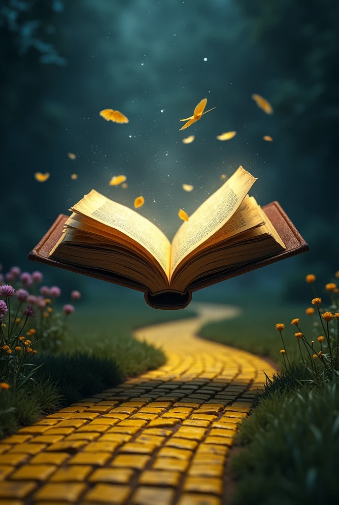 an open book on a yellow brick road with the pages flying at night