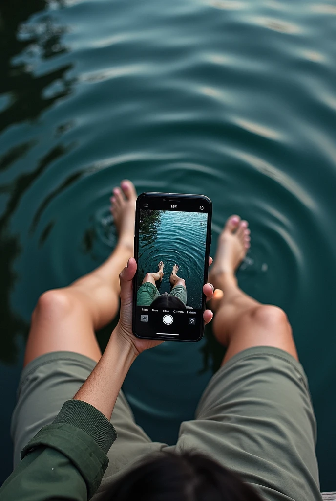 A realistic photo taken from a cell phone where the photo only shows the man's legs and the water, as if I were in a river. But the photo looks like it was taken from above. Let the water be realistic