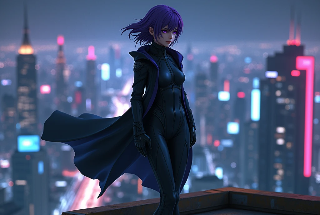 ((ghost in the Shell SAC_Motoko Kusanagi from 2045,Ultra-high-definition Real 3D CG graphics of Kusanagi Motoko from the anime ghost in the Shell、Motoko Kusanagi)))Purple Hair, Purple Eyes,Beautifully detailed eyes and mouth, Breathtakingly detailed and realistic skin,Beautiful hair texture and shine,ghost in the Shell SAC_2045のMotoko Kusanagiのリアルな質感と細部へのこだわり,衣装はghost in the Shell SAC_2045のMotoko Kusanagiの服を着ている(((Standing on the edge of a crane at a cargo terminal), (The view below is a futuristic night cityscape background) ,))).,Wearing a black cyber suit,The jacket is a long black coat,The hem of her long coat and her hair are fluttering in the wind.))The cityscape below is illuminated by the neon lights of the pier.,)(((She looks like an adult,Has a toned physique, A body with beautiful curves, Narrow waist, Thick thighs and round ass)), Ultra-Realistic Images, Skin and hair details, Movie Scenes, Professional Saturation,Breathtaking 3DCG graphics.(high quality, masterpiece, 最high quality, 4K.8k.:1.5). Super detailed, Ultra-fine painting, A photo that looks like a scene from a movie, Dramatic lighting, Sharp focus, Professional Photo Resolution, 3D Rendering, Awards,ghost in the Shell 