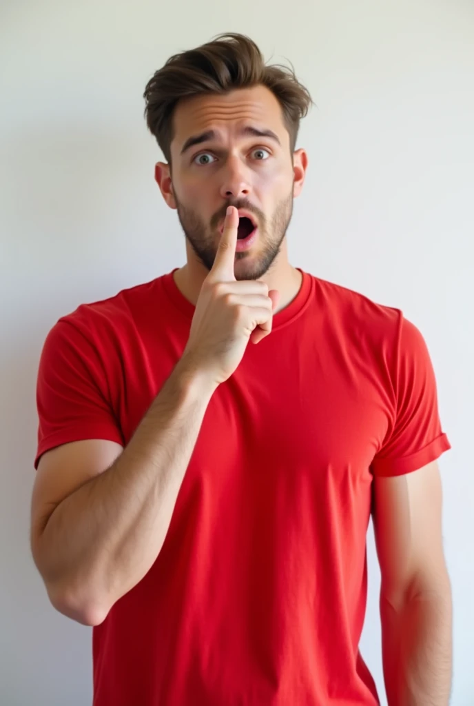 Attractive surprised male makes shush gesture, demnads shut up, wears casual bright red t-shirt, poses against white wall. People, hush, conspiracy, secret concept