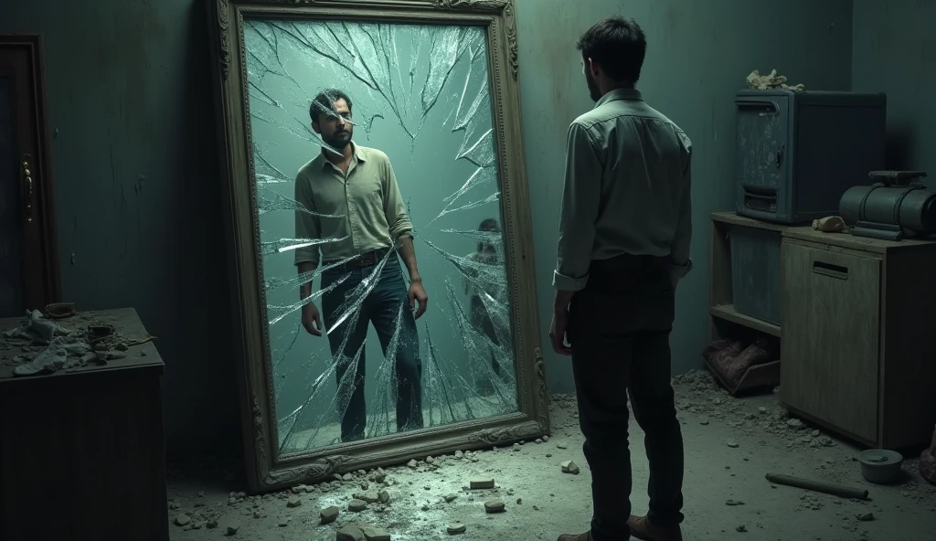 Create a realistic image wher : A man stands in front of a broken mirror, their reflection distorted, questioning their place in the world while their surroundings are dim and messy.
