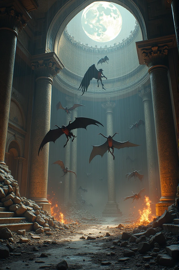 interior of ruined catholic temple, byzantine empire, destruction, night, flying demons, limbos, hail and fire
