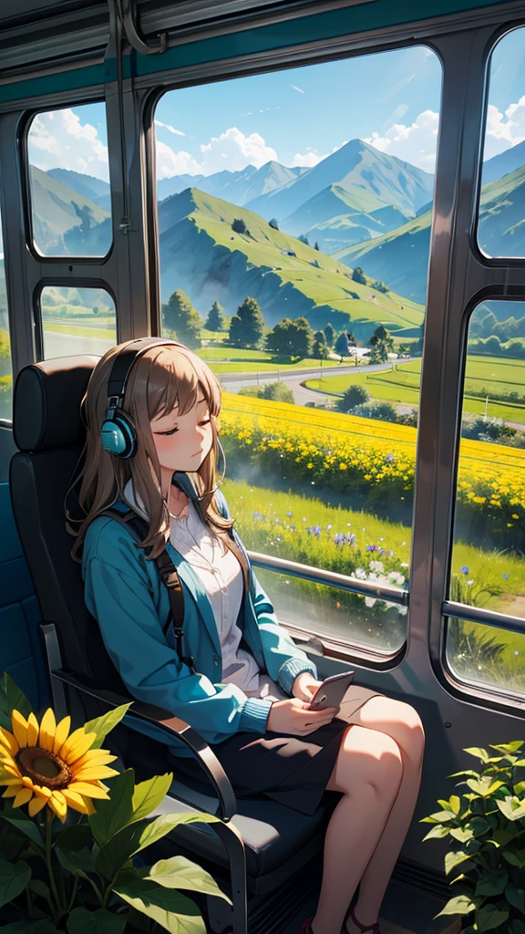 woman on the bus traveling through the mountains with headphones and eyes closed listening to music sitting next to the bus window a large window with beautiful landscapes in the background of green mountains and flower fields