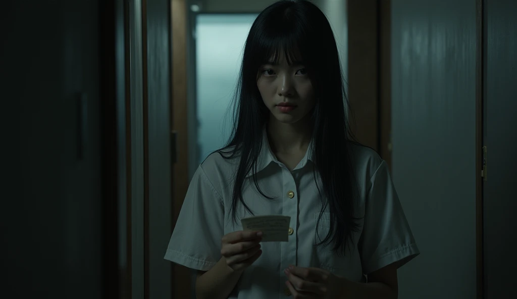 Setting: Mae Fah Luang University, a dimly lit dormitory room. Pim ,a Thai young woman in her late teens, black long hair, wearing simple Thai university uniform, as she open a crumpled note