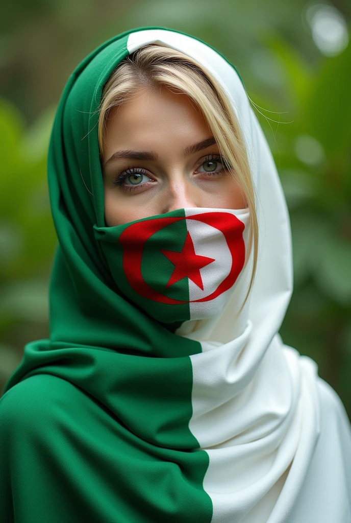 Woman, blonde, wearing white Algerian flag hijab, green, white and red beard, green nature background. Half pictures