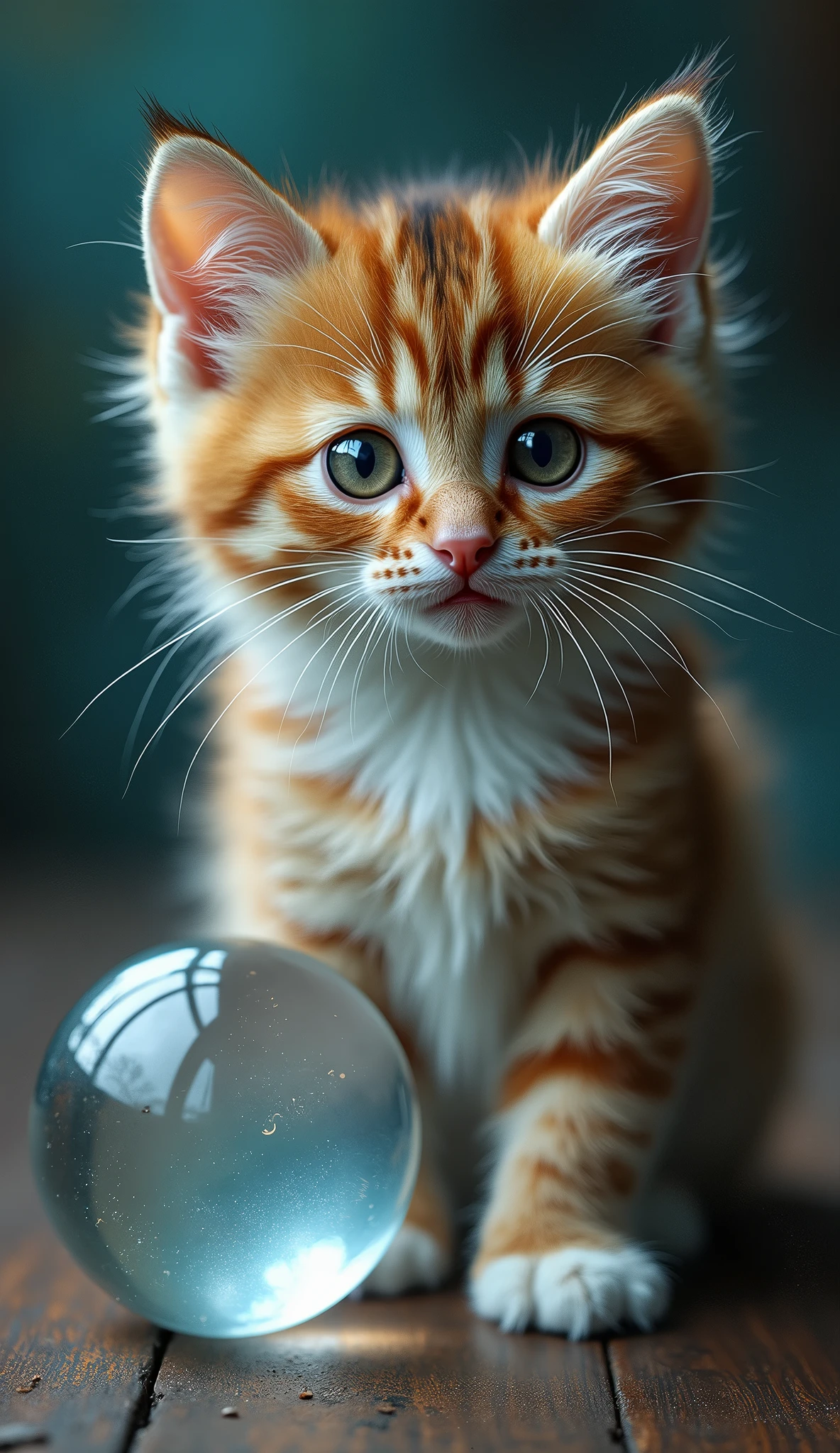 占いの水晶玉の横に三毛Catの子Catが座っていました,looking at the camera, Catの写真1匹, Ultra-realistic photos, 超Realistic illustrations, Surreal illustration, Cat. Realistic painting, author:Wayne England, Realistic illustrations, 超Realistic illustrations, Portraiture, Close-up portrait, Award-winning surrealism, author:Lisa Milloy, Galen Dala