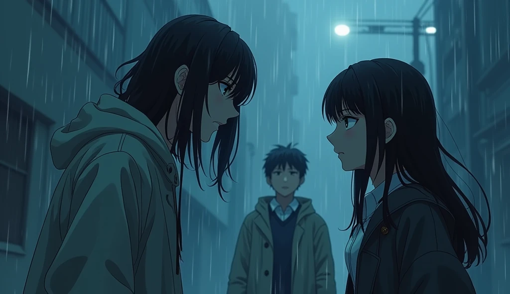 The rain, falling continuously, had tinted the world in shades of azure and the color of tears. The young woman, wearing a hoodie over a white collared shirt and a black skirt, with shoulder-length black hair, was on the verge of madness, her eyes filled with the sorrowful remnants of the rain.
She was about to end the life of the tall, slender young man with short dark hair, who stood motionless in his raincoat and white shirt. The young woman lunged at him so quickly that he could not evade her, but she suddenly stopped as another hand grasped her arm. The person who intervened had long, straight dark hair, sharp, piercing eyes, and an alluring presence, wearing a hoodie over a shirt combining dark and white colors, standing between the young woman and the young man.