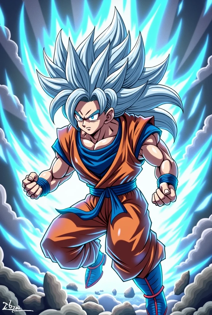 "An anime style illustration of Dragon Ball Super showing [your image] with the appearance of a powerful warrior, inspired by the character Goku in his Complete Ultra Instinct form. The image must capture a dynamic fighting pose, with flowing silver hair, shiny silver eyes, and an energetic aura around, with shades of blue, white and silver. The expression is intense and focused, while the surrounding environment is distorted by the powerful energy emanating from the character. O fun