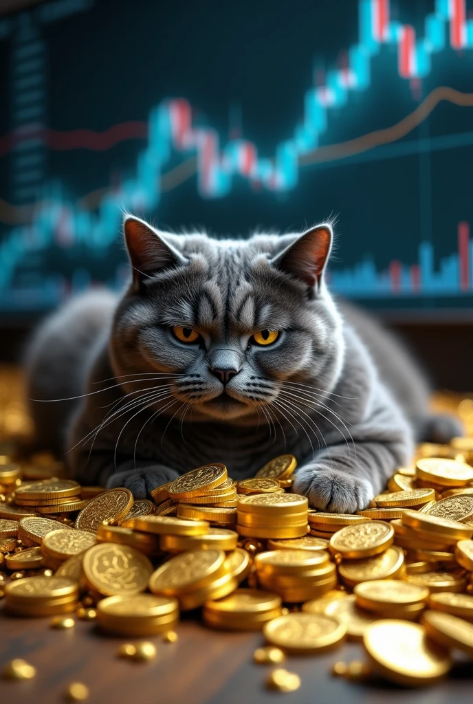 A fat gray cat opens its eyes on a pile of gold and a blue and gray Forex chart background.