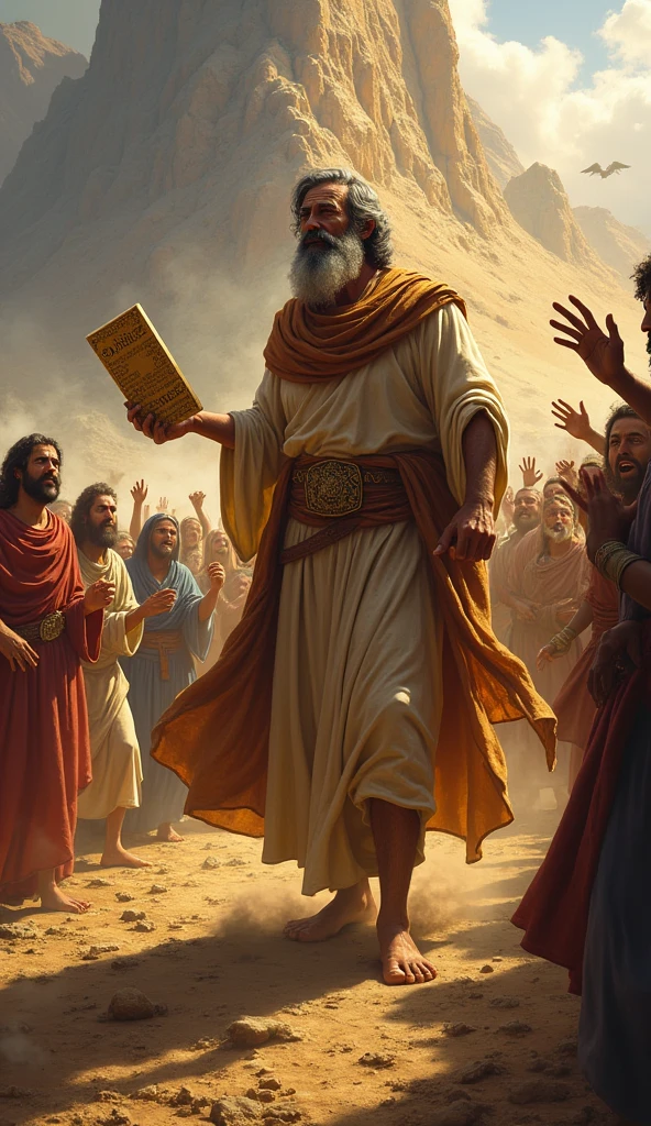 Moses Descends from Mount Sinai Description: Moses comes down from Mount Sinai with the Tablets of the Law and sees what is happening. Show your reaction of shock and anger.
imagery: Moses with the tablets, the vision of the golden calf and the worship.