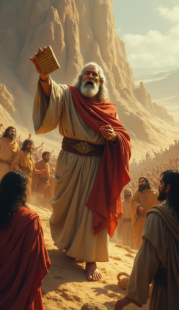 Moses Descends from Mount Sinai Description: Moses comes down from Mount Sinai with the Tablets of the Law and sees what is happening. Show your reaction of shock and anger.
imagery: Moses with the tablets, the vision of the golden calf and the worship.