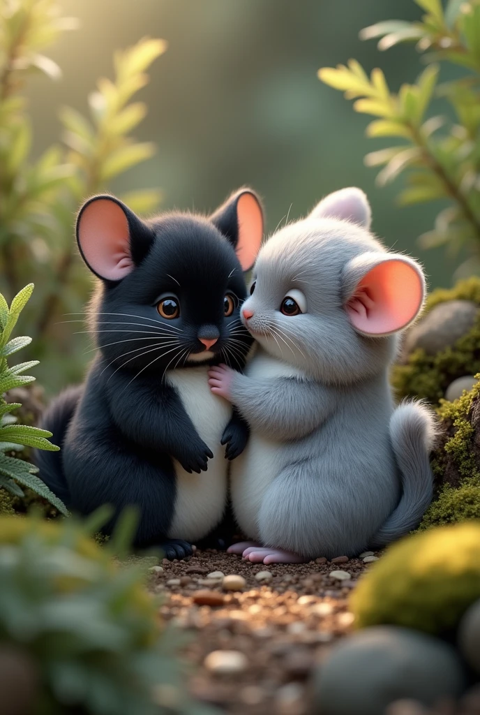 A black chinchilla with a white chest and another grey chinchilla