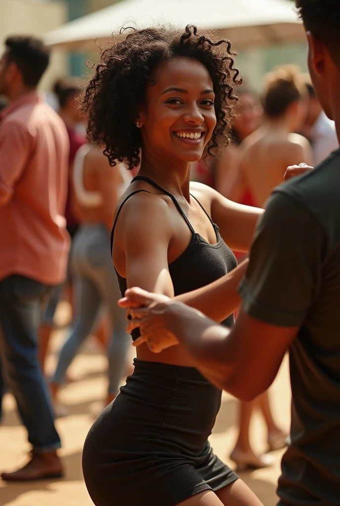 Une femme aux cheveux frisés court et matte de peau
On la voit de profil
Qui danse la salsa avec un l'homme parmi une foule de danseurs
On doit les voir en second plan
Elle porte des talon et une jupe fourreau
Elle rit
Il y à beaucoup de monde
C’est dans une guinguette
La photo doit être très réaliste naturelle
Elle doit avoir les cheveux frisés et être matte de peau