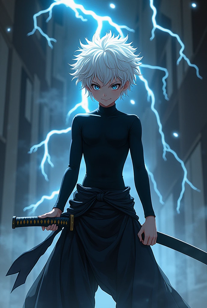 Half-dark anime boy, physically weak with white curly hair, he wears a black compression shirt and black harem pants too, he has lightning power and a sadistic smile, and has a katana