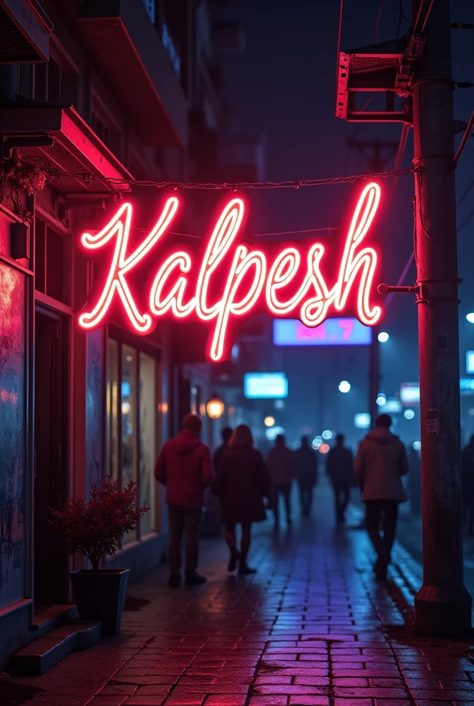 Kalpesh name calligraphy in unique way in neon light red and blue effect on building board on shope people around it
