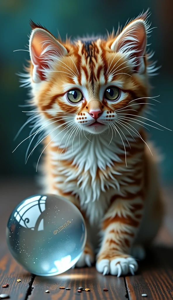 占いの水晶玉の横に三毛Catの子Catが座っていました,looking at the camera, Catの写真1匹, Ultra-realistic photos, 超Realistic illustrations, Surreal illustration, Cat. Realistic painting, author:Wayne England, Realistic illustrations, 超Realistic illustrations, Portraiture, Close-up portrait, Award-winning surrealism, author:Lisa Milloy, Galen Dala