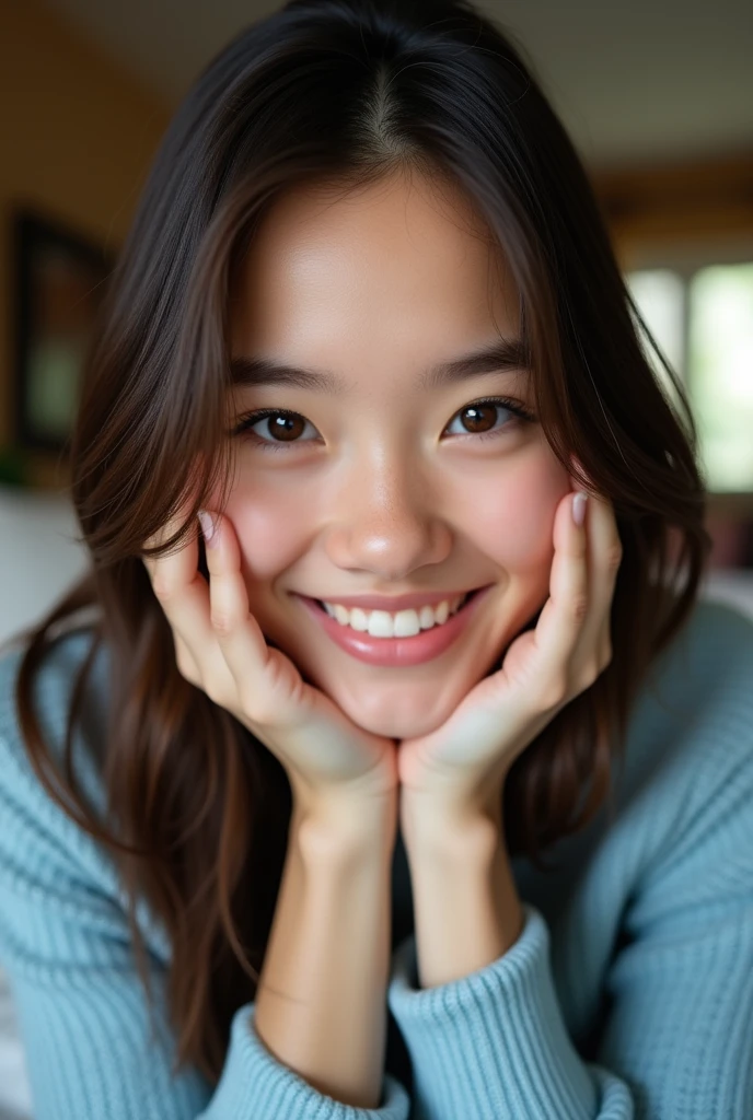 ultra realistic portrait of a beautiful brunette girl yeux marron smiling cute, looking straight at the viewer, selfie shot, warm smile, wearing a pale blue knitted top