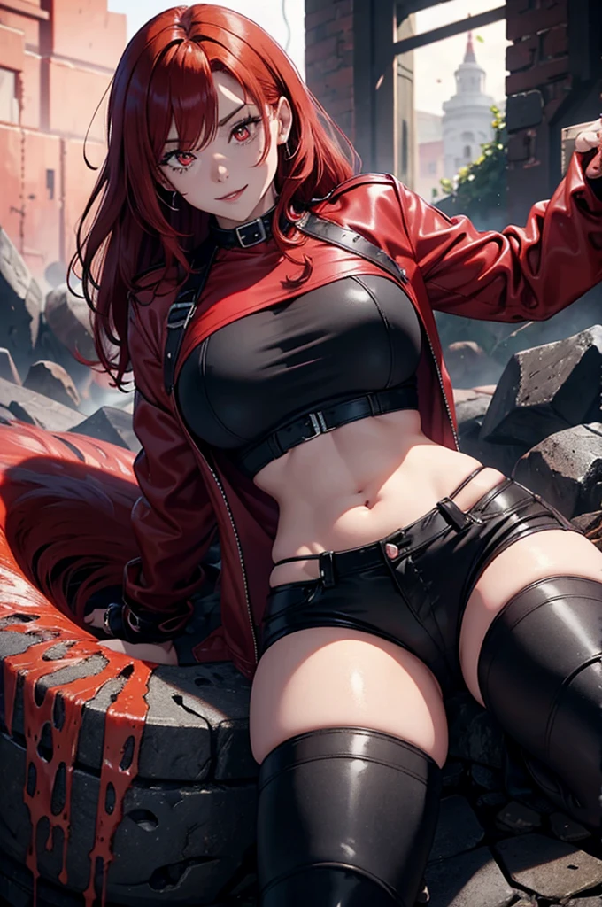 strong woman, Red hair, lava marks, Red hair with black lines, Red eyes, Tender smile, Werewolf, lycanthrope, hellish scenario, pink crop top blouse, black jacket, curves, white jeans, black boots