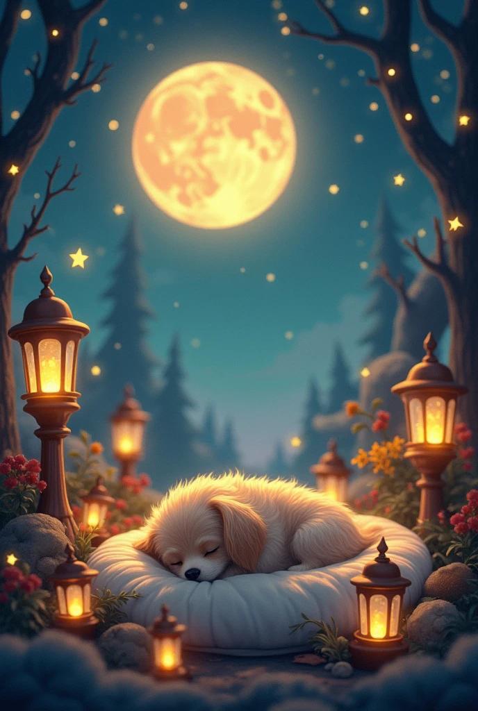 Fantasy sleeping little dog。Soft Touch。Lying down。There are lots of lamps around, lots of stars and a big moon。Fantastic warm atmosphere。