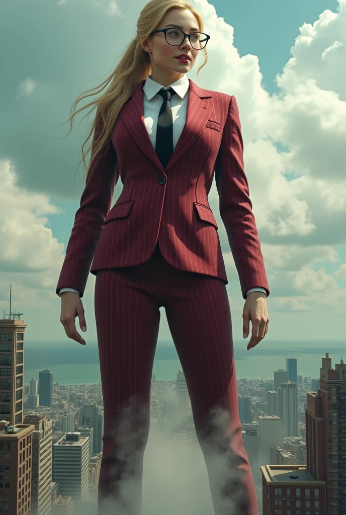(photorealism:1.2), ypung bbw, beautiful schoolgirl a massive curvy blonde ponytail red lips wearing a perfect dark red pinstripe suit with a thick black tie large collar large breasts. , standing, giantess art, highly detailed giantess shots, giantess, most detailed, perfect face, Two legs, Five fingers, short hair, A high school girl who is bigger than a skyscraper, Wearing rimless glasses, smile, huge breasts, Red tie, , Steam coming out from the soles of my feet, seaside metropolis, numerous Destroying cities, Under heavy attack, A very small big city, Miniature metropolis, Full body description, GTS, giga giantess, gigagts, stomping city, crash city, tiny city, micro city, , High resolution, highest quality, masterpiece,