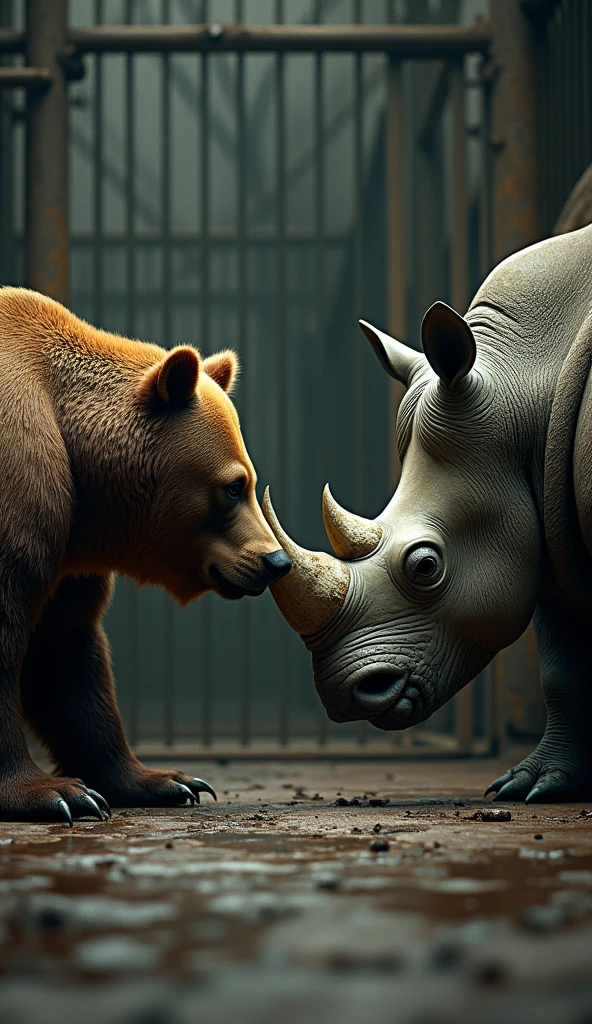 Bear and rhinoceros in the same cage