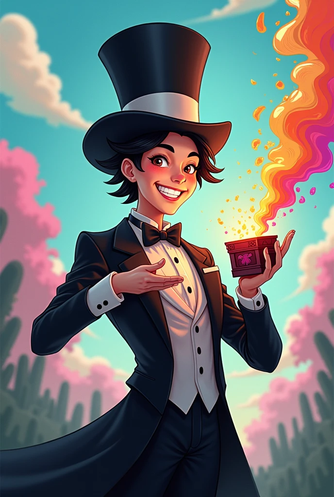 Illustration of a magician with a black and white top hat stealing the colors of the world and placing them inside a magic box. With a happy face without being gloomy
