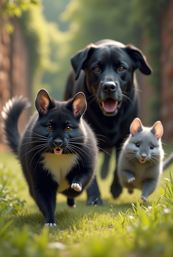 A black chinchilla with a white chest and another grey chinchilla chasing a black Labrador
