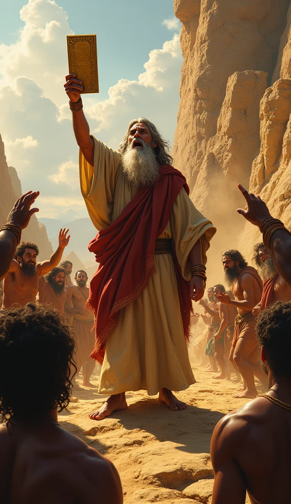 Moses Descends from Mount Sinai Description: Moses comes down from Mount Sinai with the Tablets of the Law and sees what is happening. Show your reaction of shock and anger.
    imagery: Moses with the tablets, the vision of the golden calf and the worship.