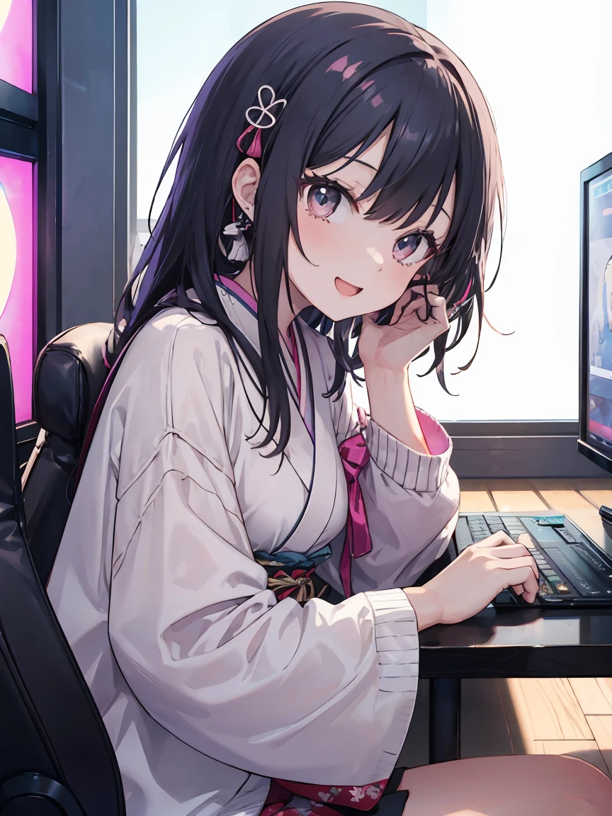 A cute Japanese female idol livestreaming a video game. She has large expressive eyes, a bright smile, and long black hair with colorful streaks. She's wearing a trendy, colorful outfit with kawaii accessories. The background shows a cozy gaming setup with LED lights, posters of popular games, and a professional microphone. The idol is energetically reacting to the game she's playing, visible on multiple screens around her