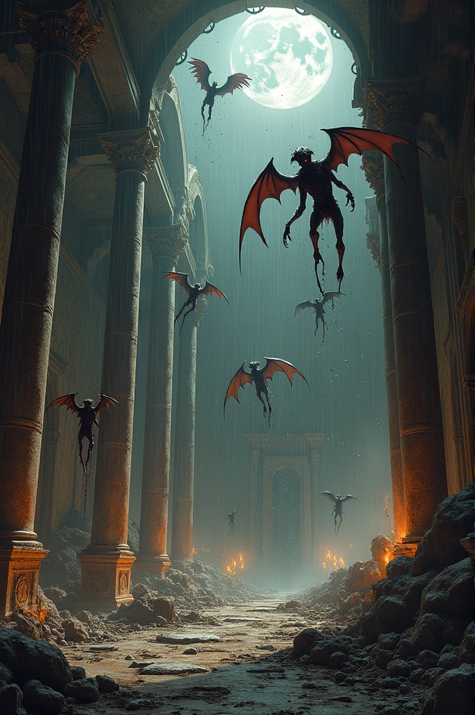 interior of ruined catholic temple, byzantine empire, destruction, night, flying demons, limbos, hail and fire