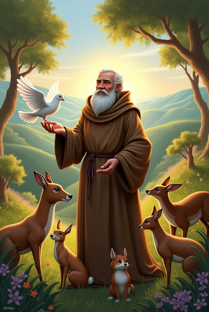 Saint Francis of Assisi with white dove and animals around Disney