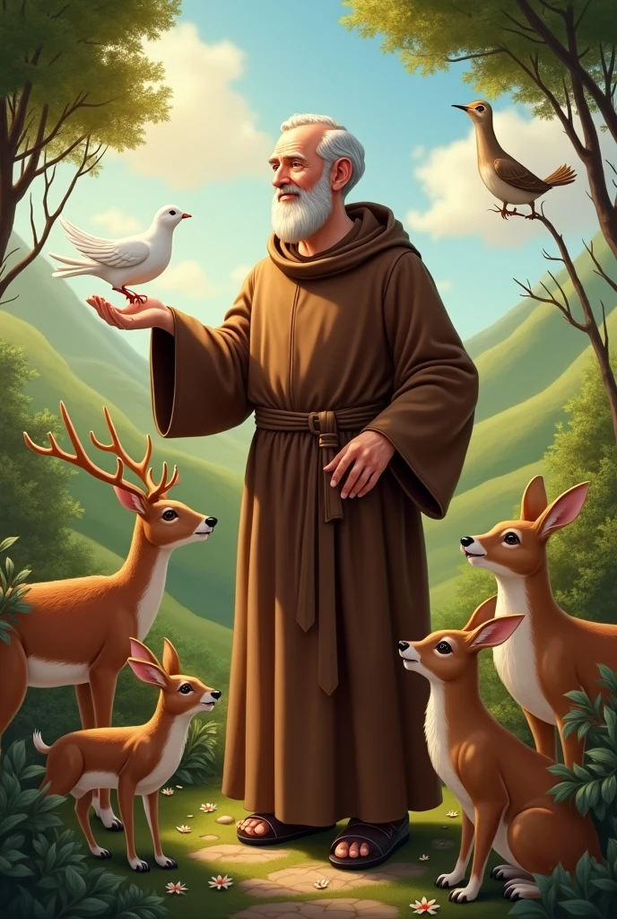 Saint Francis of Assisi with white dove and animals around Disney