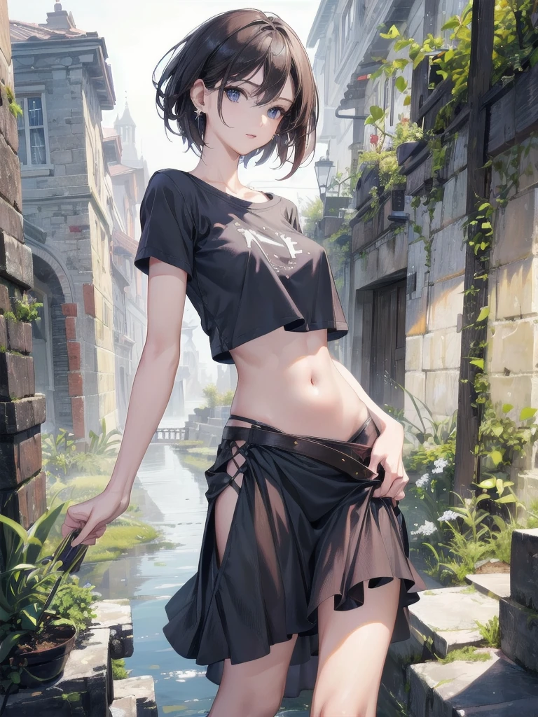 absurdres, RAW photo, extremely delicate and beautiful, masterpiece, Highest Quality, ultra high resolution, 32k, hyperrealistic, realistic, photorealistic, photo-realistic, Real, ultra-detailed, Very detailed CG 8k wallpaper, detailed background, landscape, Beautiful Lighting, Perfect Lightning, Realistic Shadows, perfect anatomy, anatomically correct, ideal ratio body proportions, perfect figure, Perfect Style, Perfect balance, super Detailed skin, 20 years old, very Slim body, narrow waist, very small head, very small face, delicate facial features, handsome detailed woman, very detailed eyes and face, realistic face proportions, Realistic beautiful face, Realistic beautiful eyes, tearful mole, earring, very huge round tits, short medium hair, asymmetrical hair, wavy hair, t-shirt, skirt,