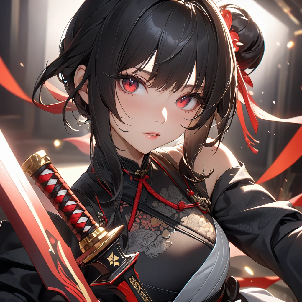 最high quality, wonderful_delicate, wonderful delicate eyes, Super detailed, beautiful, 8k , One girl, Red eyes, evil, Facial Contour,(Absurd, High resolution, Super detailed), masterpiece, The perfect solution, wonderfulディテール, Super Detailed, Cinema Lighting, Ray Tracing, Depth of written boundary, Cinema Lighting, Ray Tracing, 超High resolution, Attention to detail, 最high quality, High resolution, high quality, Awards, Super Detail, masterpiece, 8k, 超High resolution, Attention to detail, 最high quality, High resolution, high quality, Awards, Super Detail, masterpiece, 8k, Digital Art, Anime Coloring,"wearing a modern ninja costume with meticulous detail., Attention to detail近代的な忍者衣装を着て、Create an illustration of a futuristic female ninja with black hair,. She has long black hair tied with a red ribbon and symbols.。She must be wearing a luxurious black outfit with red accents that feature characters.。. She has a sword with intricate designs on the hilt and scabbard.. The story is set in the Edo period.