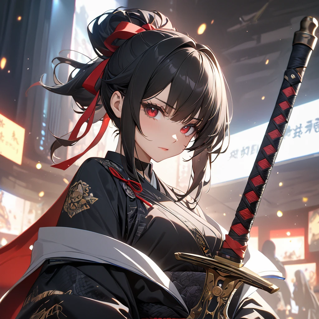 最high quality, wonderful_delicate, wonderful delicate eyes, Super detailed, beautiful, 8k , One girl, Red eyes, evil, Facial Contour,(Absurd, High resolution, Super detailed), masterpiece, The perfect solution, wonderfulディテール, Super Detailed, Cinema Lighting, Ray Tracing, Depth of written boundary, Cinema Lighting, Ray Tracing, 超High resolution, Attention to detail, 最high quality, High resolution, high quality, Awards, Super Detail, masterpiece, 8k, 超High resolution, Attention to detail, 最high quality, High resolution, high quality, Awards, Super Detail, masterpiece, 8k, Digital Art, Anime Coloring,"wearing a modern ninja costume with meticulous detail., Attention to detail近代的な忍者衣装を着て、Create an illustration of a futuristic female ninja with black hair,. She has long black hair tied with a red ribbon and symbols.。She must be wearing a luxurious black outfit with red accents that feature characters.。. She has a sword with intricate designs on the hilt and scabbard.. The story is set in the Edo period.