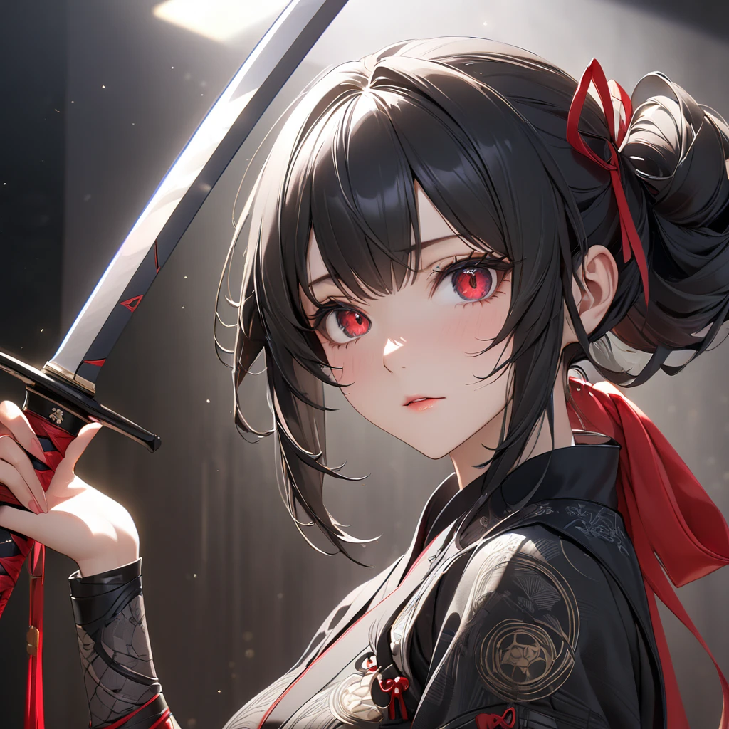 最high quality, wonderful_delicate, wonderful delicate eyes, Super detailed, beautiful, 8k , One girl, Red eyes, evil, Facial Contour,(Absurd, High resolution, Super detailed), masterpiece, The perfect solution, wonderfulディテール, Super Detailed, Cinema Lighting, Ray Tracing, Depth of written boundary, Cinema Lighting, Ray Tracing, 超High resolution, Attention to detail, 最high quality, High resolution, high quality, Awards, Super Detail, masterpiece, 8k, 超High resolution, Attention to detail, 最high quality, High resolution, high quality, Awards, Super Detail, masterpiece, 8k, Digital Art, Anime Coloring,"wearing a modern ninja costume with meticulous detail., Attention to detail近代的な忍者衣装を着て、Create an illustration of a futuristic female ninja with black hair,. She has long black hair tied with a red ribbon and symbols.。She must be wearing a luxurious black outfit with red accents that feature characters.。. She has a sword with intricate designs on the hilt and scabbard.. The story is set in the Edo period.