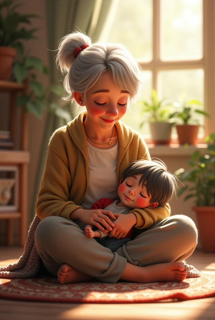 A grandmother sits cross-legged on the floor with her 1 grandson resting his head on her lap.