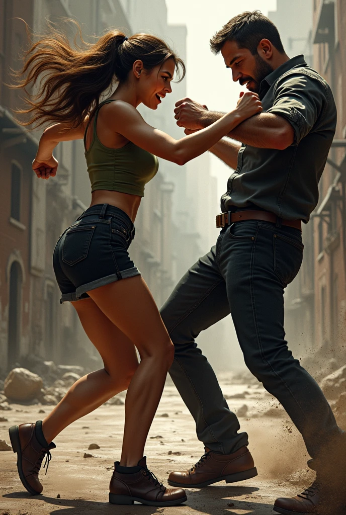 a woman kicking a man in the