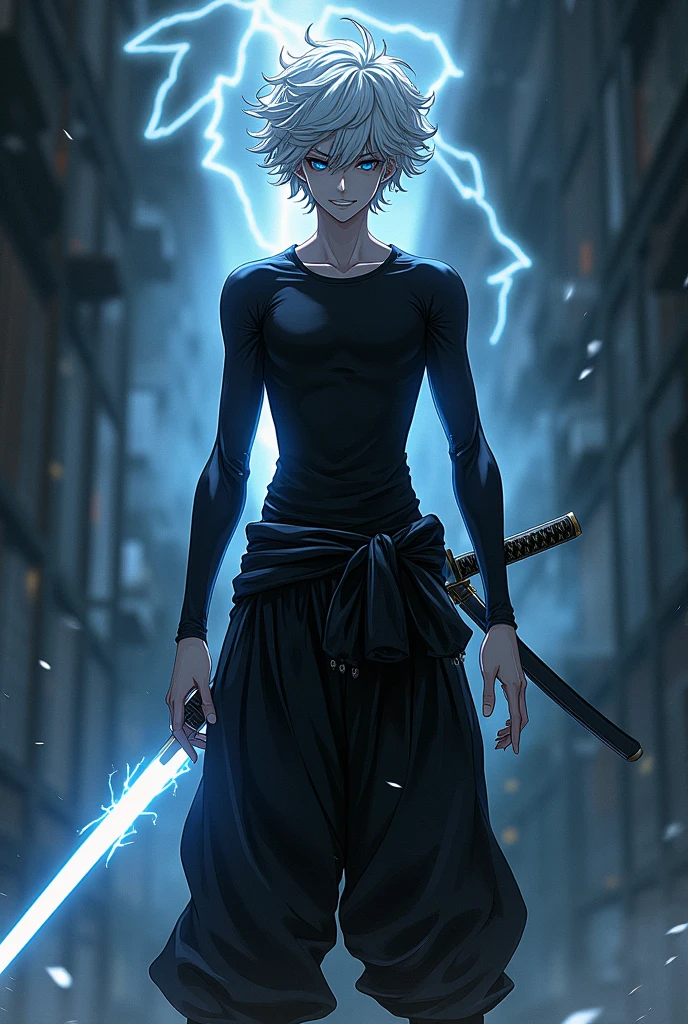 Half-dark anime boy, physically weak with white curly hair, he wears a black compression shirt and black harem pants too, he has lightning power and a sadistic smile, and has a katana