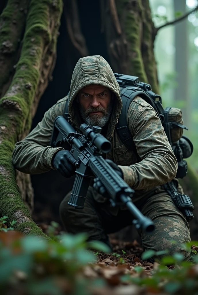 Scary hunter front of tree hunt bear sniper