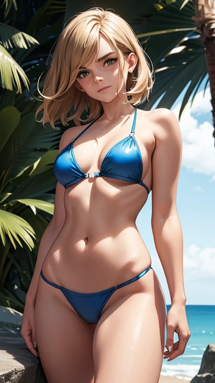 Face de Emma Watson, a close-up of a woman in a bikini posing for a photo, photo by full body de biquíni, blue bikini, realistic bikini, Tiny bikini, bikini model, shiny plastic bikini, wearing spandex bikini, bodybuilder superhero bikini, fitness model, gorgeous bikini model, bright blue shiny lingerie, swimsuit model, photo by full body, dressed in bikini belts, young swimsuit model, metallic bikini