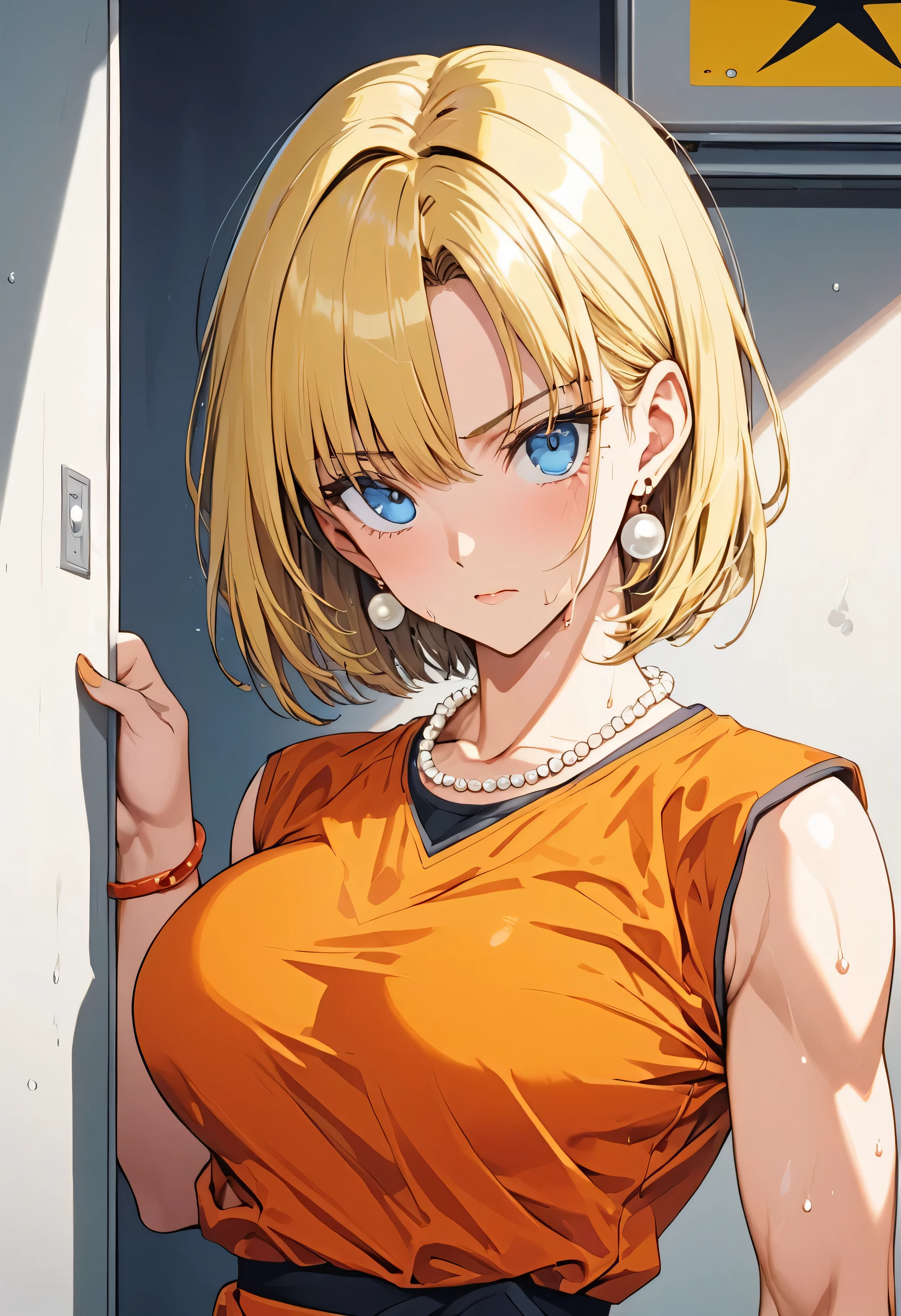 masterpiece, Highest quality, High resolution, (Artificial Human Room No. 18),1990s \(style\),(E-cup beautiful breasts)、height: 170cm,Sweating all over the body、muscular、((sexly))、(Browsing Caution),solo,Anime-style painting style, bionde, Blue eyes, Orange karate uniform,Pearl_necklace, bracelet, short hair, Earrings,Composition focusing on the upper body,(Cool face)、(Pointed Eyes)