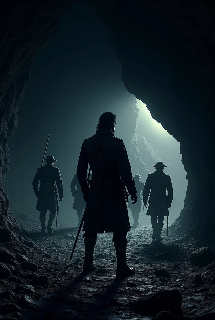 José Avelino Cáceres watching 5 uniformed Spaniards run out of a cave at night