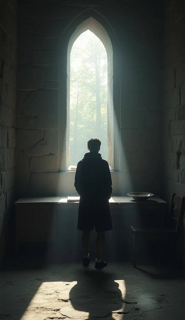 The room features stone walls and a single wooden desk with a large, empty plate. The student's silhouette is highlighted by a single beam of light from a high window, creating a dramatic and somber atmosphere